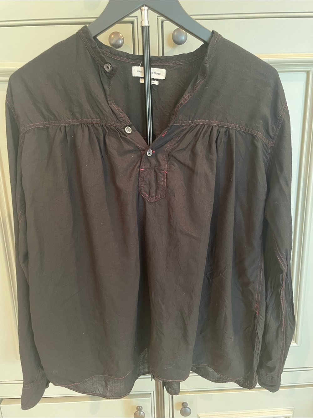 Isabel Marant Etoile Black Contrast Stitch in Red Peasant Boho Indie Blouse Top